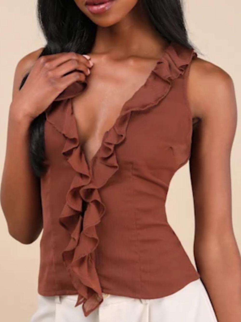 Ruffled V-Neck Sleeveless Top in Brown